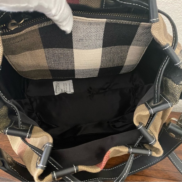 Black Leather Canvas Nova Check Plaid Bucket Crossbody Bag Drawstring Satchel - Picture 12 of 14